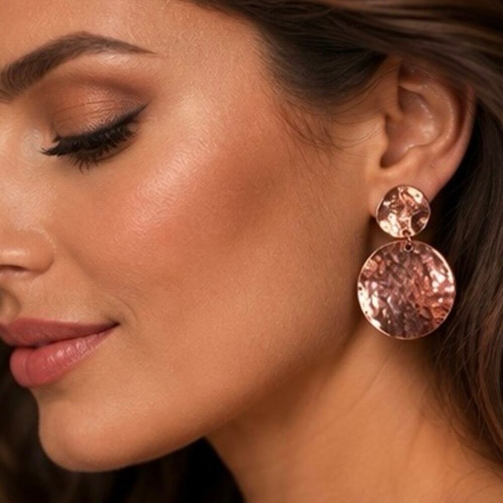 Copper Tone Hammered Disc Clip-On Earrings Rose Gold Statement Dangle